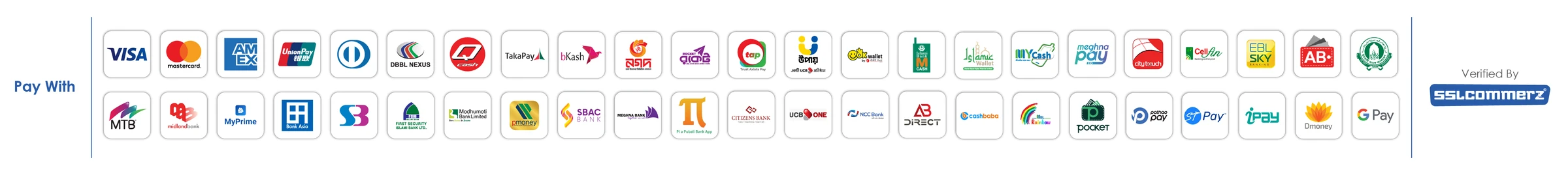Pay with Visa, Mastercard, bKash, Nagad, Rocket and more — verified by SSLCommerz